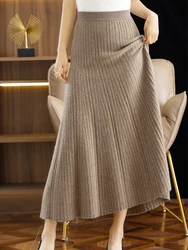 ADDONEE Autumn Winter Women Wool Skirt Office Lady Pleated Long Skirt 100% Merino Wool Knitwear Grace Dress Korean Fashion