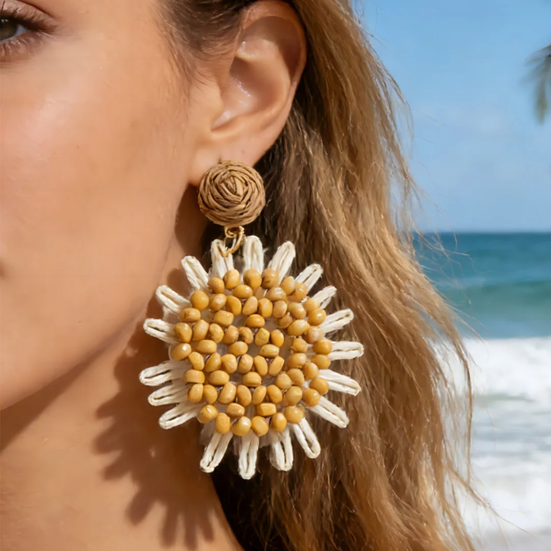 Tocona Fashion Personality Lafite Grass Flower Imitation Sunflower Pendant Earrings Suitable for Girls' Ball Party Gifts