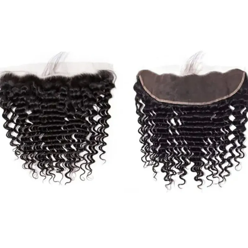 حزم شعر بشري مموج عميق مع إغلاق حزمة شعر بشري برازيلي 100% غير معالج 13X4 وصلة أمامية من الدانتيل لون طبيعي