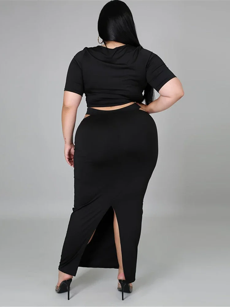 Bodycon Plus Size Dress Sets O Neck Hollow Out Short Sleeves Tops Package Hip Long Skirts Sexy Club Streetwear Two Piece Sets