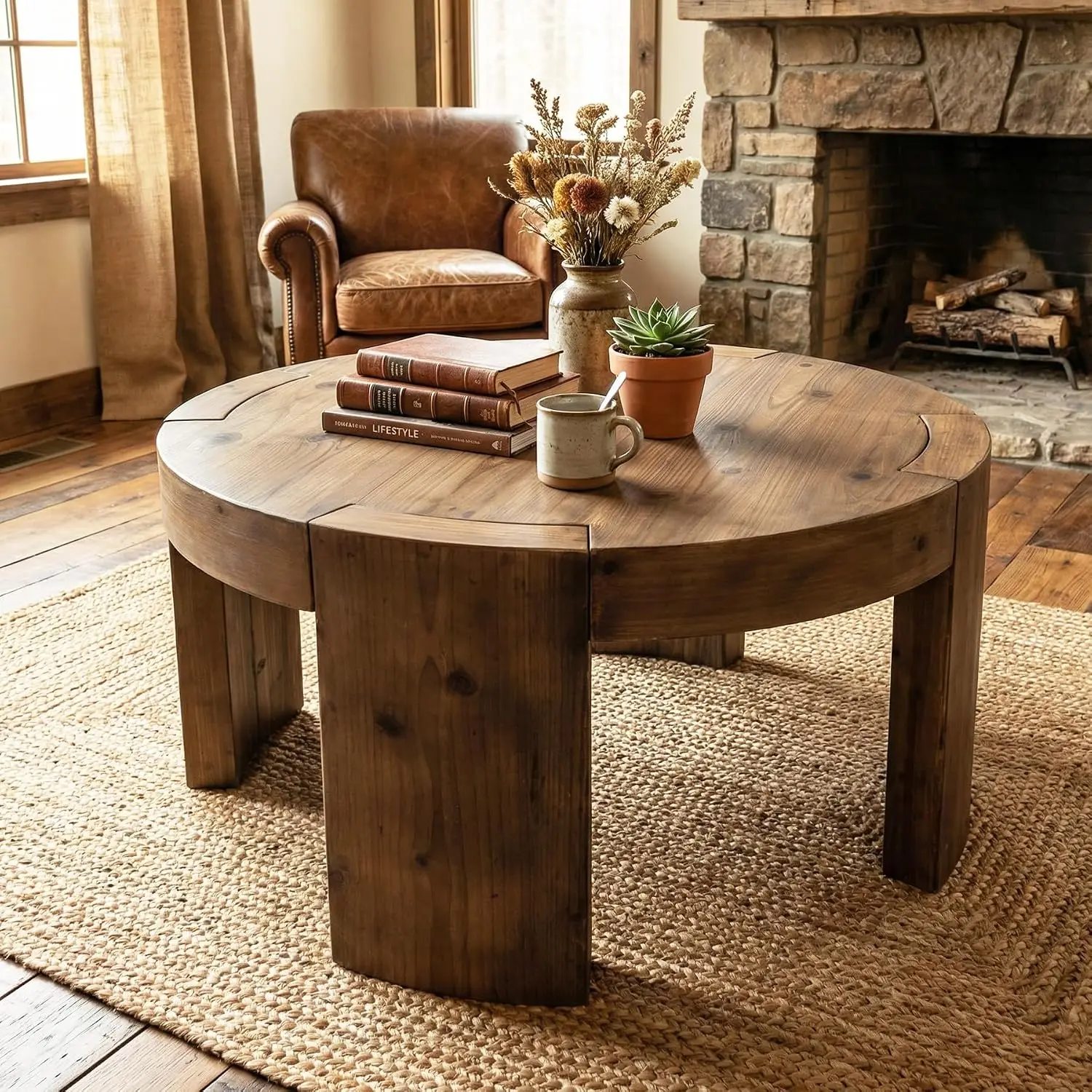 

Solid Wood Round Coffee Table, Farmhouse Circle Center Cocktail Tea Table For Living Room, Rustic Wooden Accent Furniture For Home Office Lounge, Easy Assembly, Rustic Brown