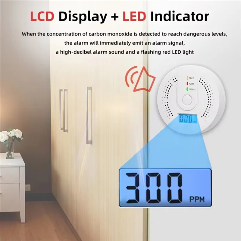 B34B-Digital Carbon Monoxide Detector Sound & Light Warning Sensor Battery Powered CO Gas Monitor Meter With LED Indicator