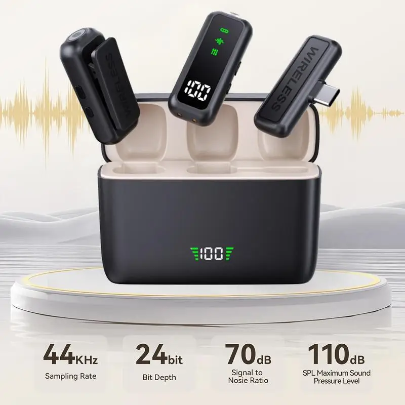 Plug‑and‑Play Wireless Lavalier Lapel Microphone, LED Battery Display with Portable Charging Case, DSP Noise Reduction, 36‑Hour Battery, 135‑Foot Working Distance, Compatible with iPhone, iPad, Android for Vlog and Live Stream