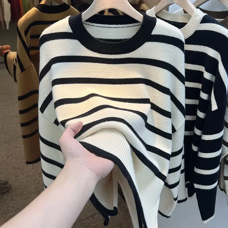 

Spring Autumn Round Neck Long Sleeve Fashion Sweater Women High Street Striped Contrast Color Pullovers Elegant All-match Tops