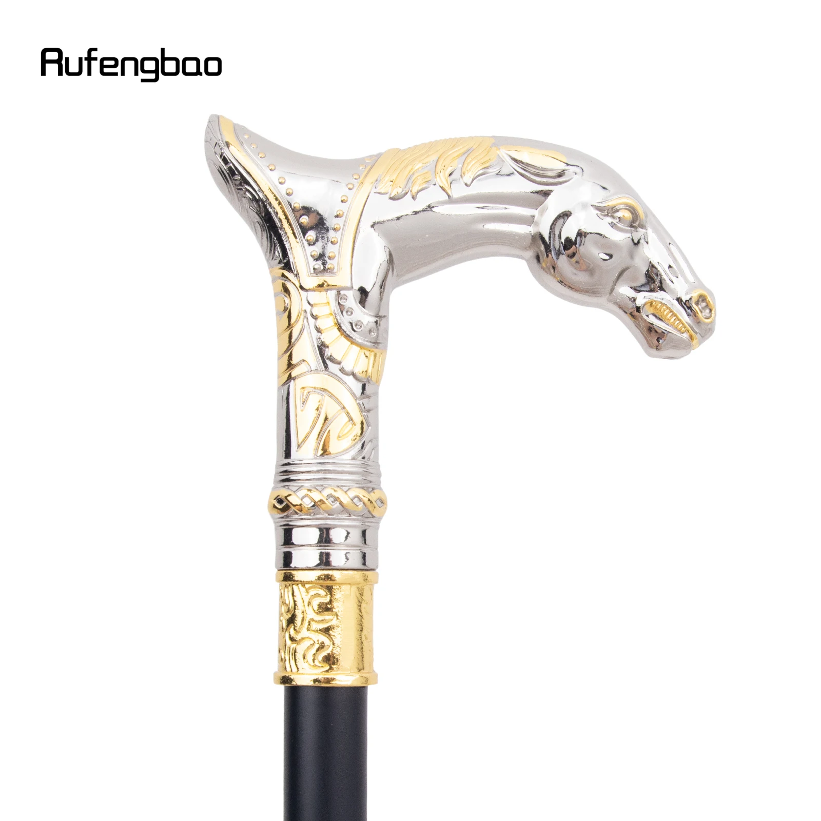 Golden White Horse Head Animal  Walking Stick with Hidden Plate Self Defense Fashion Cane Plate Cosplay Crosier Stick 92cm