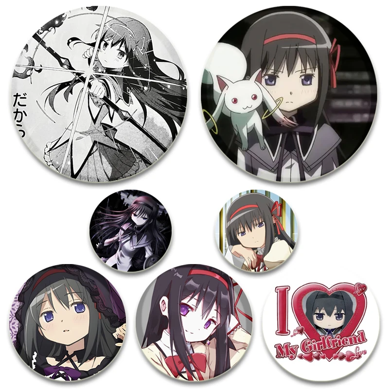 Cartoon Figure Akemi Homura Brooches Round Handmade Lapel Pins Puella Magi Madok Magica HD Print Anime Badge 32/44/58mm