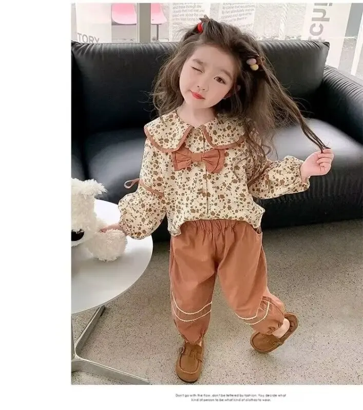 

Spring Autumn Kids Outfits Knitted Flower Girls Suit Long Sleeved T-shirt Tops+Pants 2Pc