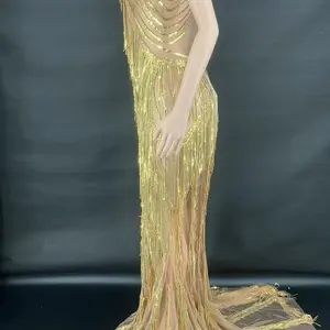 Sexy Mesh Pailletten Quaste Quaste Kleid, durchweg durch Fransen, Geburtstagsfeier, Hochzeitsleistung, lateinische Pole Danz, Drag Queen Clothes, Mode 6 Hauptverkäufe Drag Queen Clothing - №4