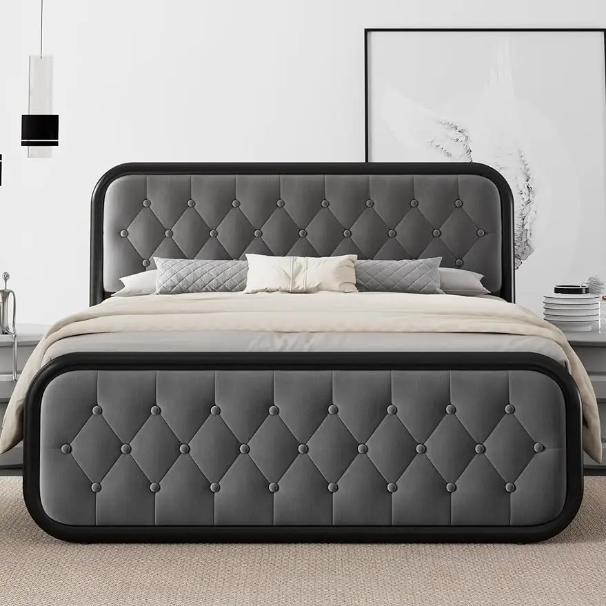 

Full Size Bed Frame, Heavy Duty Bed Frame with Buton Tufted Headboard, Upholstered Platform Bed with Strong Metal Slats