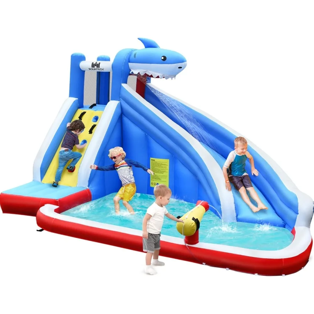 

Inflatable Water Slide, Shark Themed Waterslide Park for Kids Backyard Outdoor Fun w/Long Slide