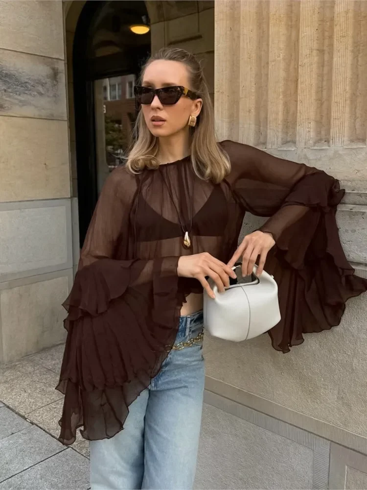 Chiffon Loose Shirt For Women Sexy See-Through Ruffles Sleeve Blouse 2025 New Summer Chic Fashion Solid Casual Round Neck Shirts