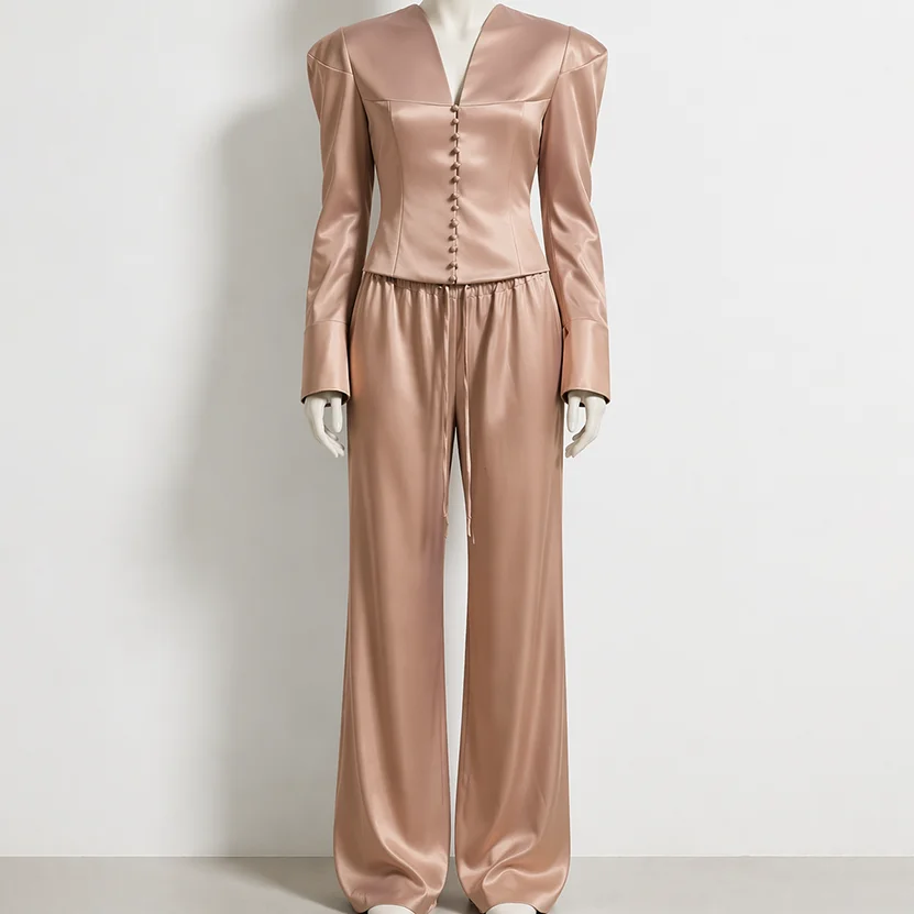 IG 26 Women's Glossy Satin Two Piece Co Ord Set, Deep V Neck Padded Shoulder Button Front Cropped Blazer & Elastic Drawstring image 3