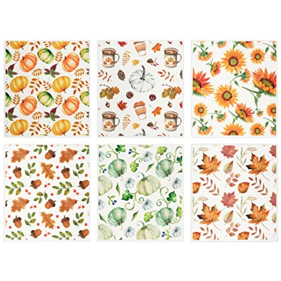 

6Pcs Thanksgiving Fall Swedish Dishcloths Pumpkin Sunflower Maple Leaf Kitchen Dish Towel Autumn Dishcloths Reusable Soft Cotto