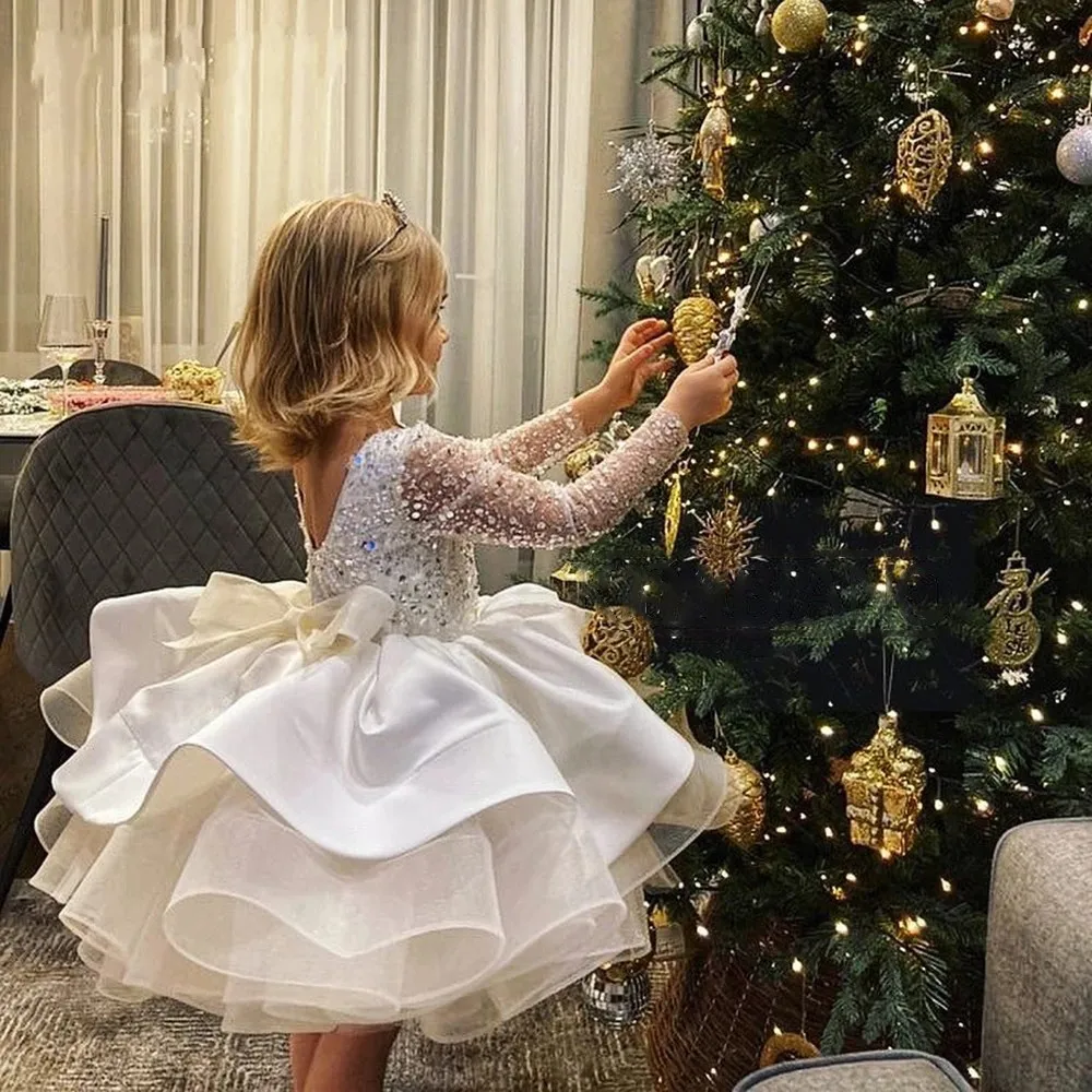 Vestidos de flores para niña, vestidos de fiesta con lentejuelas brillantes, manga larga, princesa hinchada, desfile, primera comunión