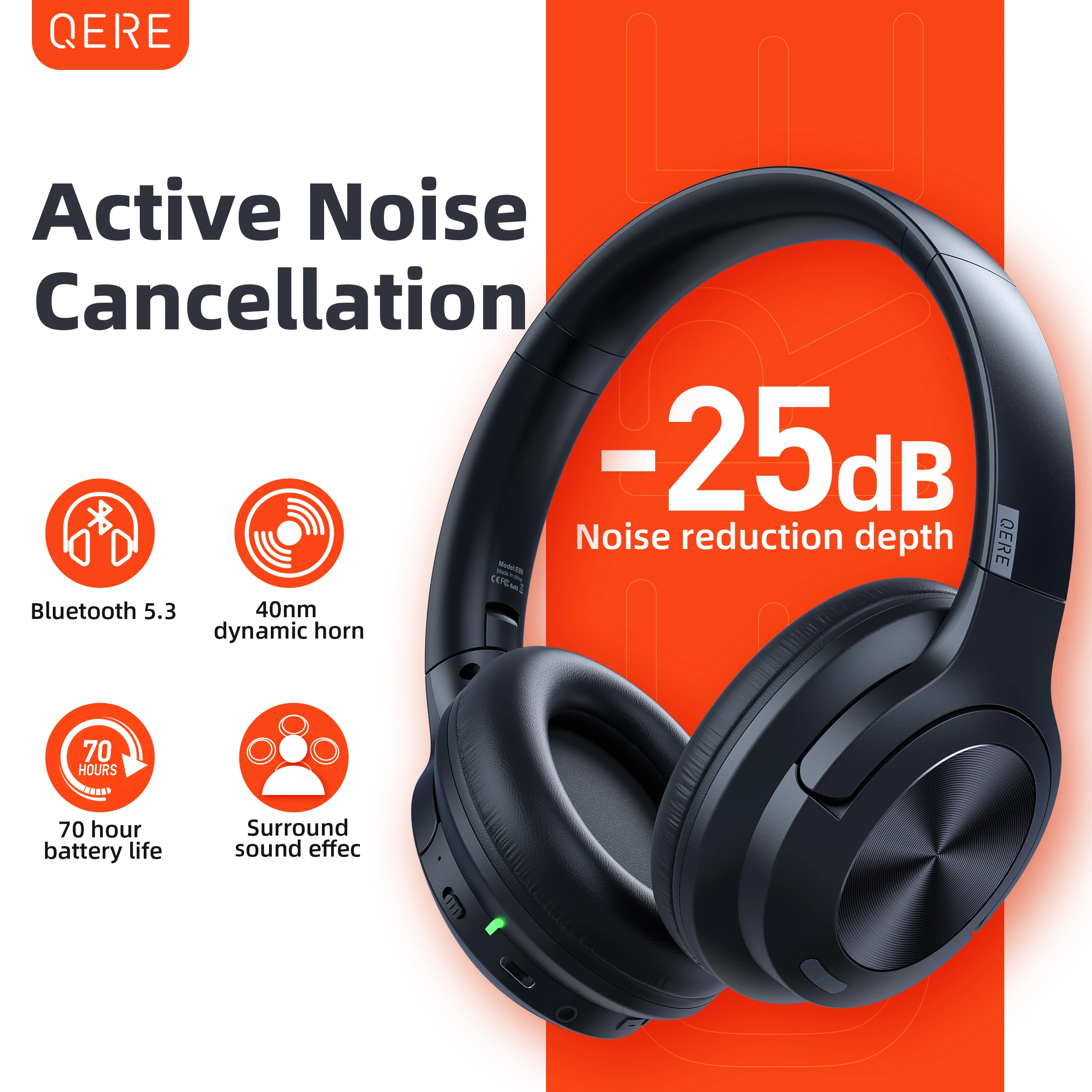 Auscultadores sem fios QERE E80, Bluetooth 5.3, Cancelamento de Ruído ANC, Áudio de Alta Resolução, Over the Ear Headset, 70H, 4