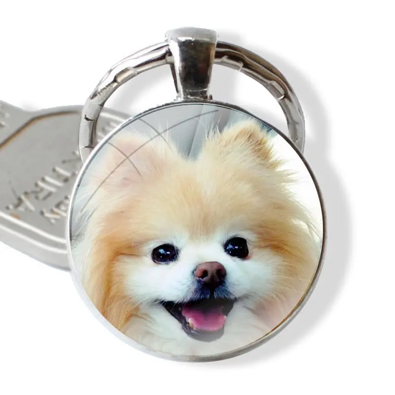 Keychain Handmade Glass Cabochon Key Ring Holder Pendant Key Chains Cute Pet Pomeranian Dog