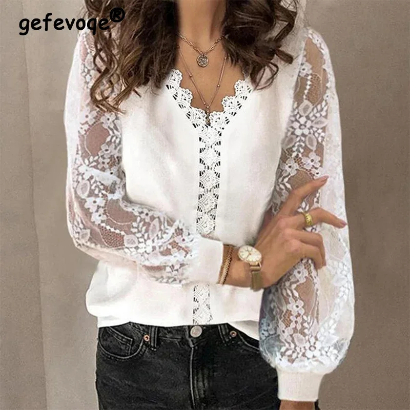 Fashion England Style Solid Lace Tuxedo Shirts Women Office Lady Long Sleeved Chiffon Blouses Hollow Out Elegant Pullovers Tops