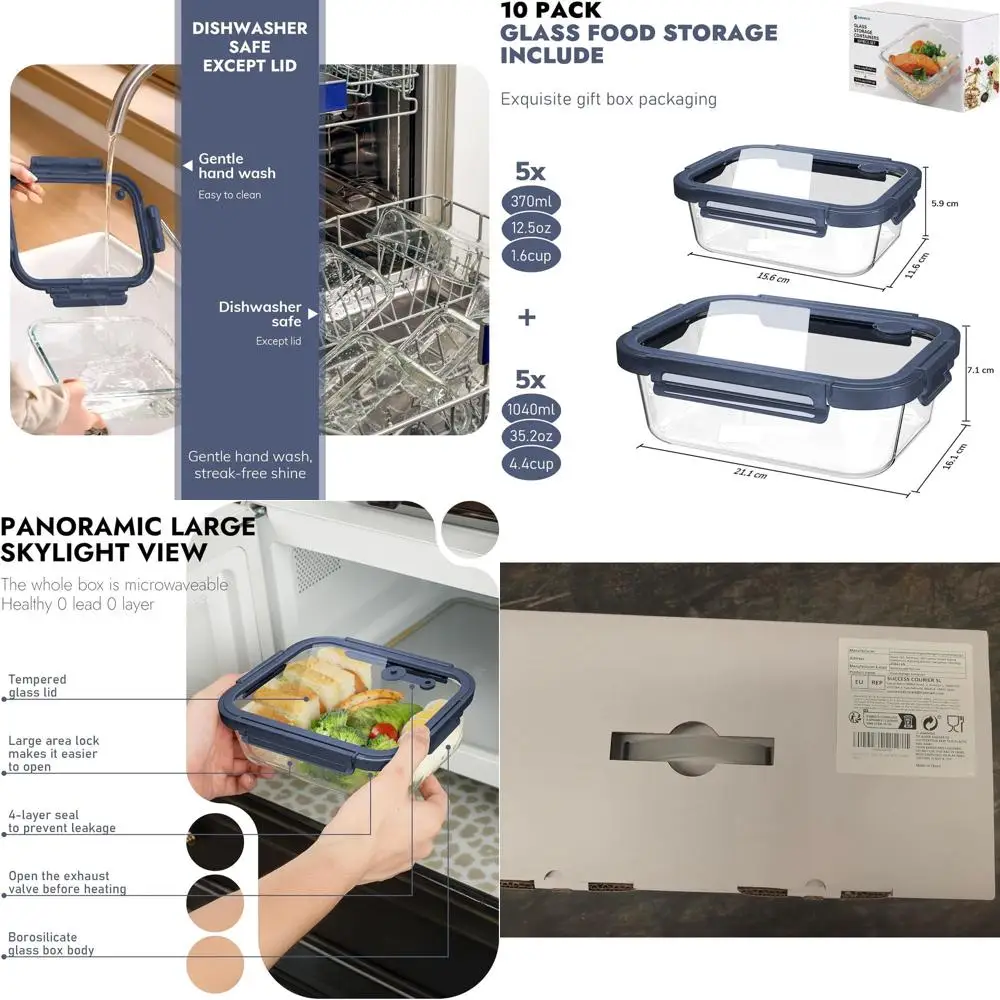 

10-Piece Borosilicate Glass Storage Containers with Airtight Lids, Oven-Safe, BPA-Free, Leak-Proof, Dishwasher Safe (Blue)