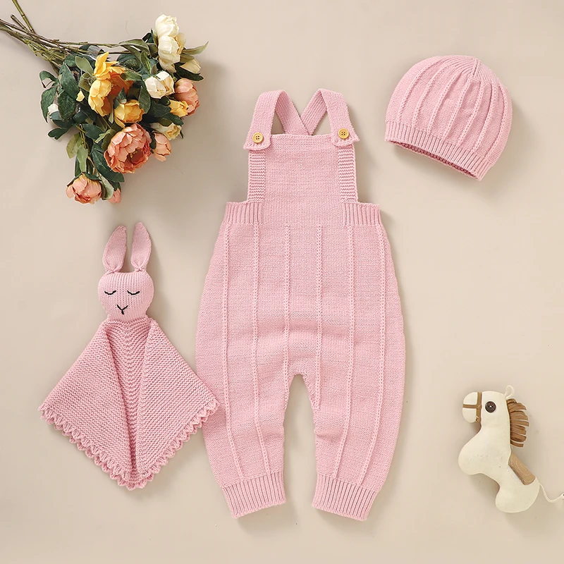 Autumn Winter Newborn Baby Romper Hats Security Towel 3pcs Set 0-18m Fashion Pure Color Knit Infant Boy Girl Playsuit Sleeveless