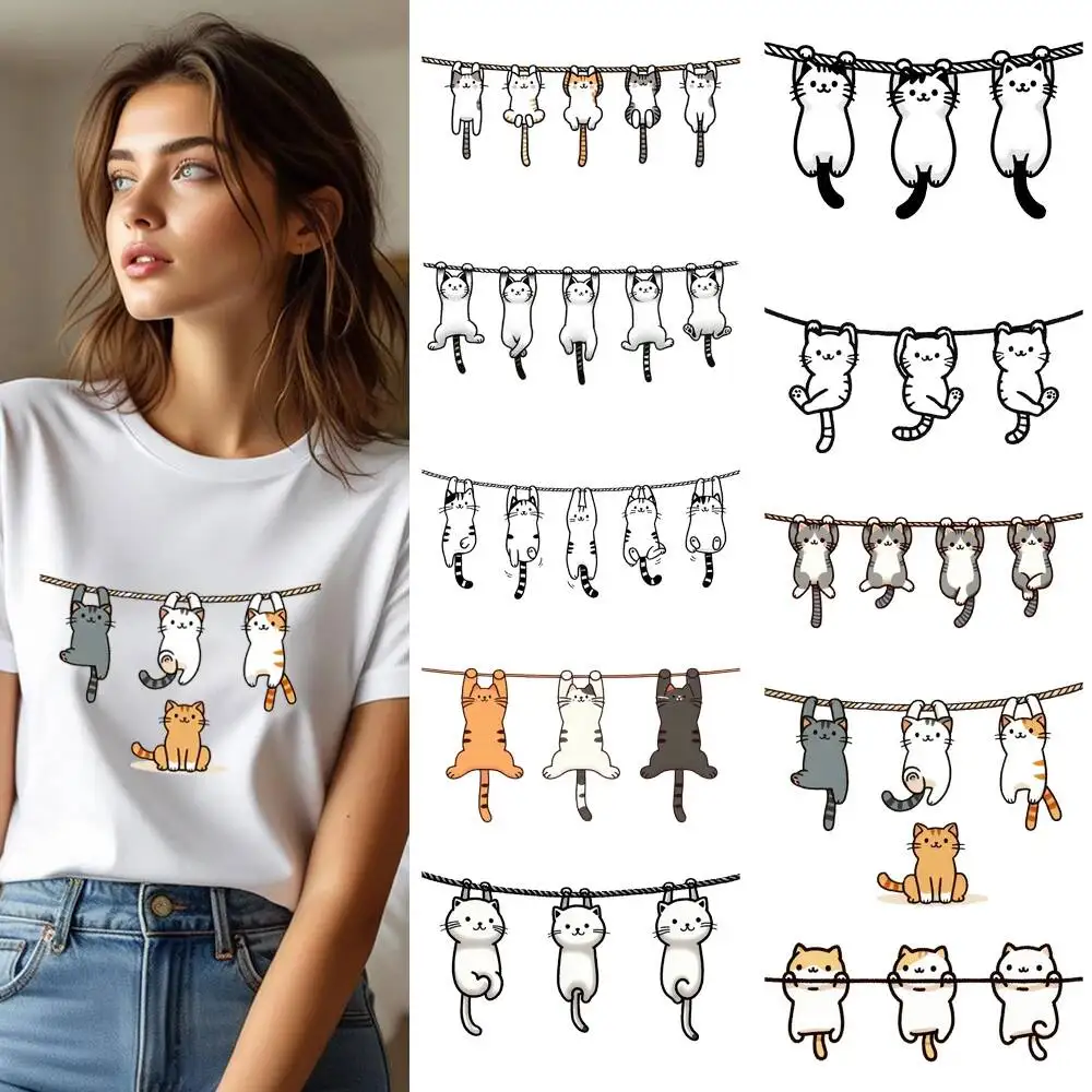 25CM Adorable Hanging Cats With Rope Heat Transfer Patches For Clothes DIY A-Level Washable Shirt Iron-on Thermal Sticker