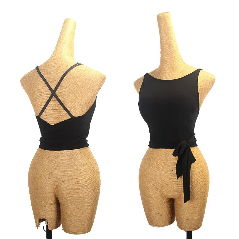 

Summer Latin Dance Tops Backless Lace-Up Short Blouse Adult Rumba Samba Salsa Dance Clothes Practice Wear Black Vest DNV20785