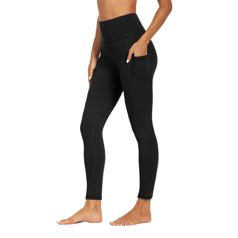 Women Leggings High Waist Black Solid Color Women's Yoga Pants Pocket Tights Full Length Compression Pants 4 Way Stretch Tummy