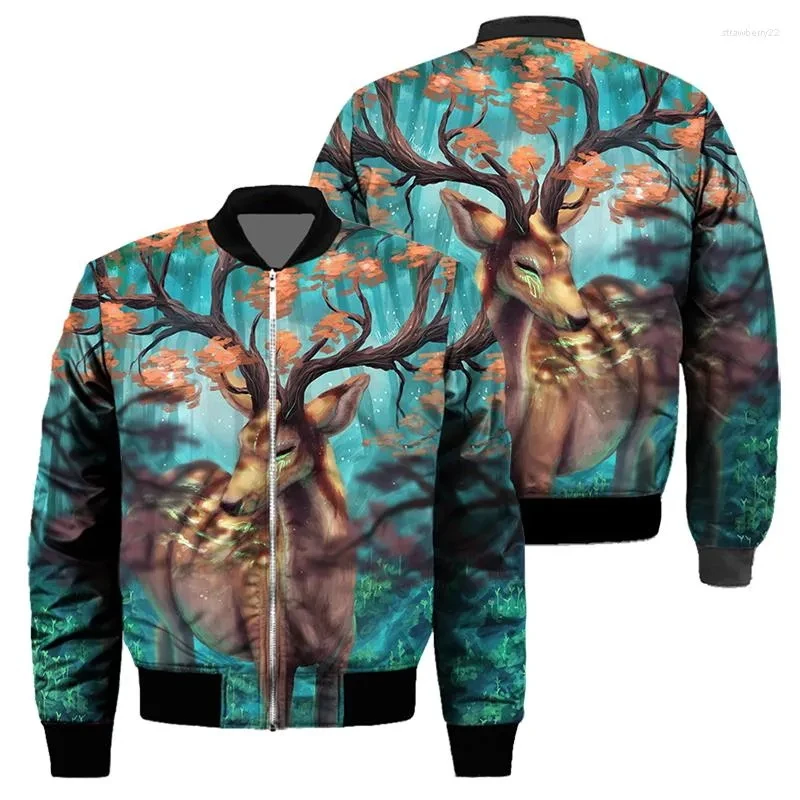 New 3D Fashion Men's Jacket Deer  Printed Coat Loose Sweatshirt Autumn Clothes Long Sleeve Pullover Hooded Cool Bomber Jacket