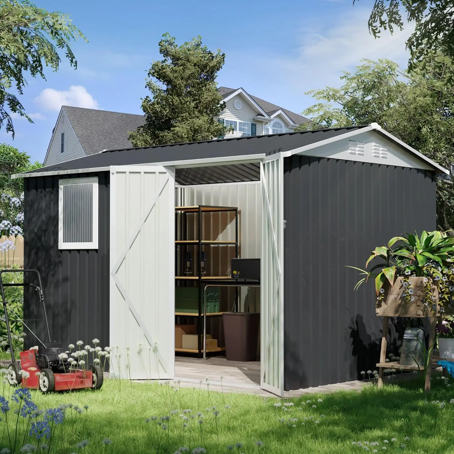 

9 * 6 FT Metal Garden Storage Sheds for Patio Backyard Tools House Storage Shed with One Window (9.5 x6.7 FT), Customized