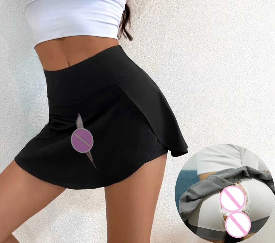 Invisible Zipper Women Hot Short Skirt Open Crotch Sex Pants Curved Split A-line Sexy Mini Skirt Sexy High Waisted Novelty Skort