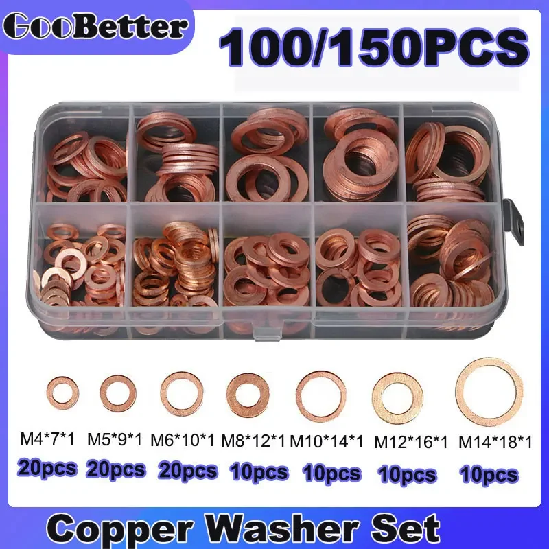 

150/100Pcs Copper Washers Sealing Gasket Set Flat Ring Seal Washer 10x14x1mm M4 M5 M6 M8 Assortment Gaskets Kit