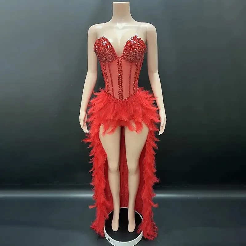 

Mesh Transparent Performance Stage Outfit High Quality Women Sexy Straplss Crystals Diamonds Feather Luxury Party Dress