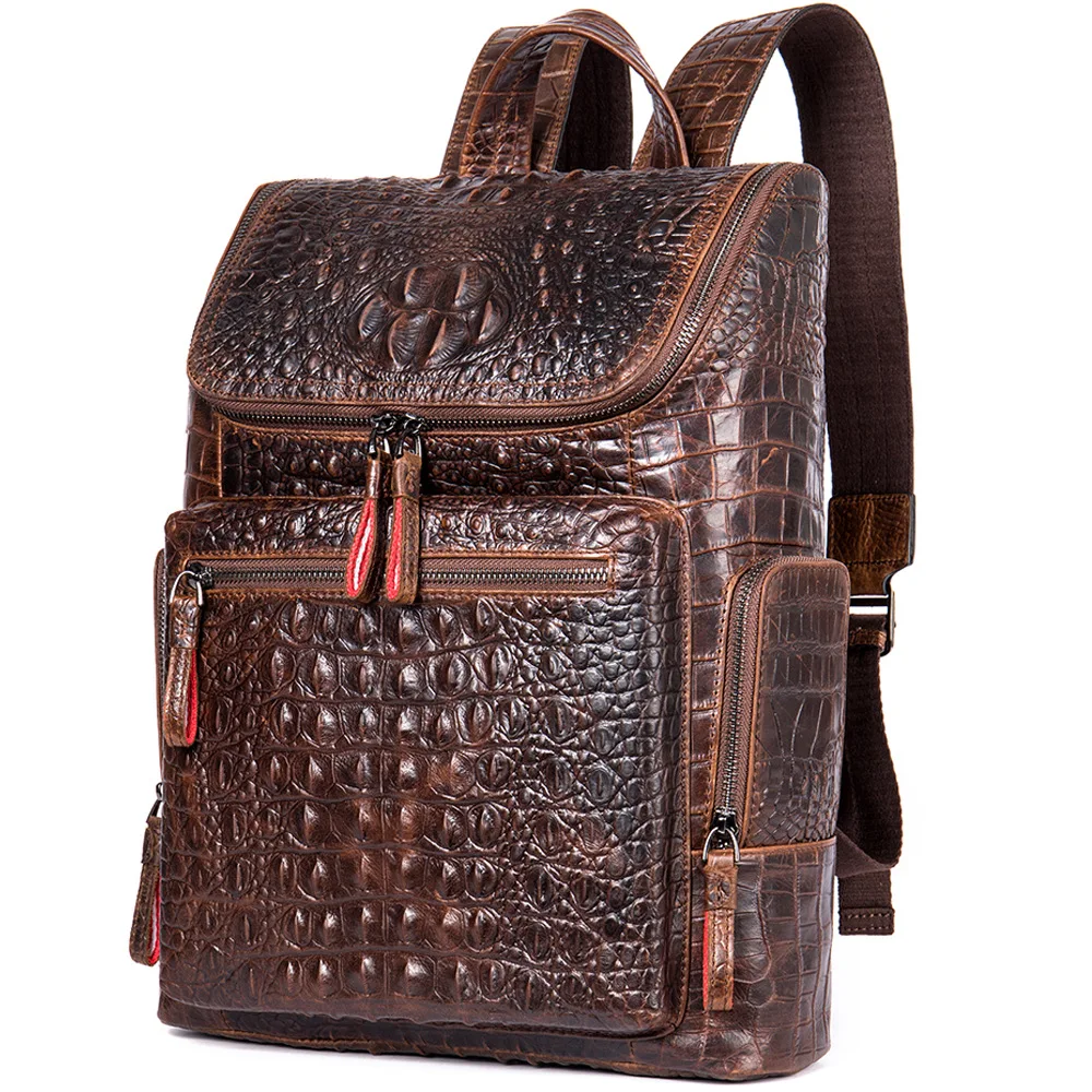 Crocodile Print Men\'s Leather Backpack Business Computer Backpack Cow Leather Crocodile Pattern Traveling Backpacks