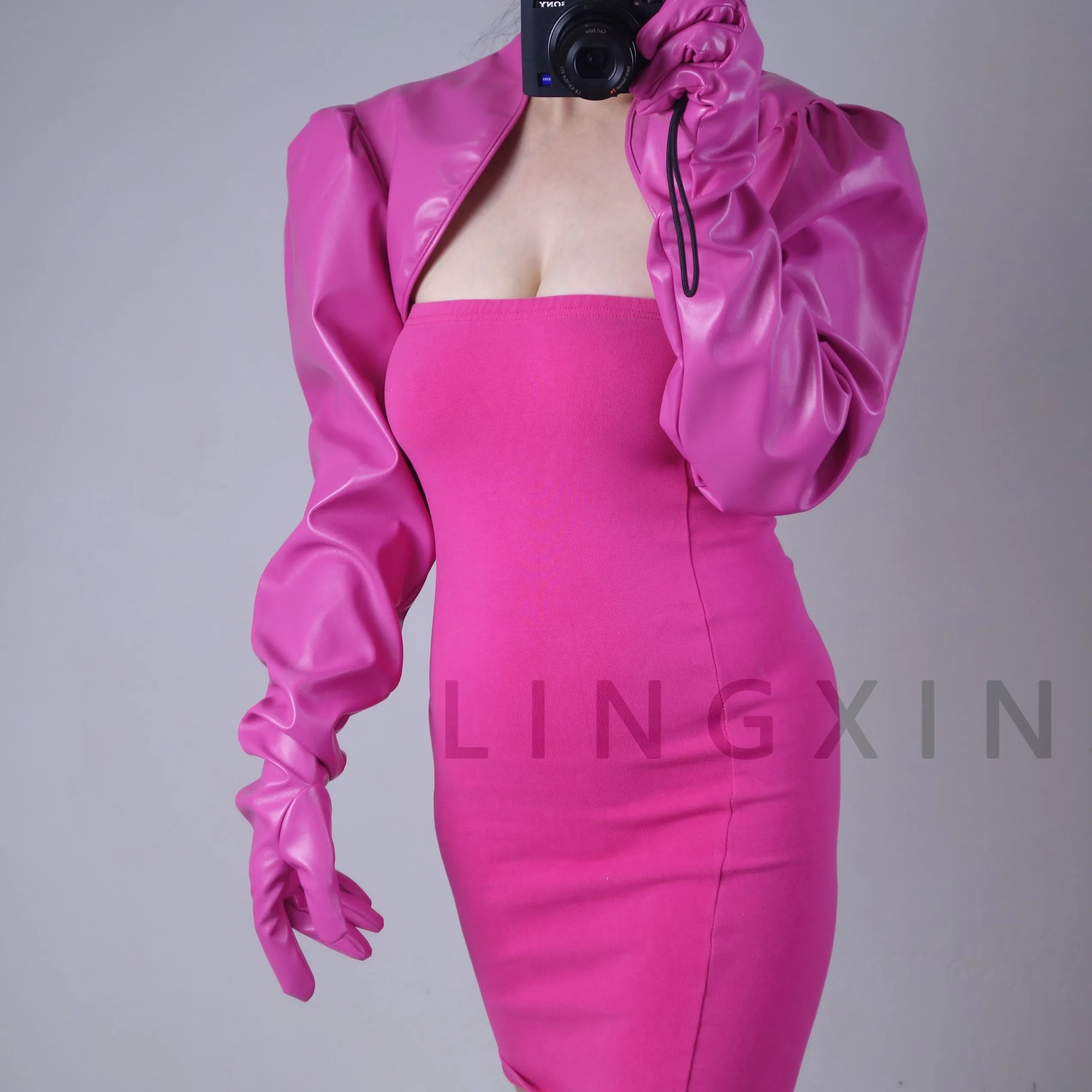 Bolero-Handschuhe aus Kunstleder, Latex-Bomberjacke, Crop-Jumper, Jacke, Shrug, Hot Red, One Piece, Glanzleder, Rosé-Pink, Fuchsia, Loose Fit – Detail 6