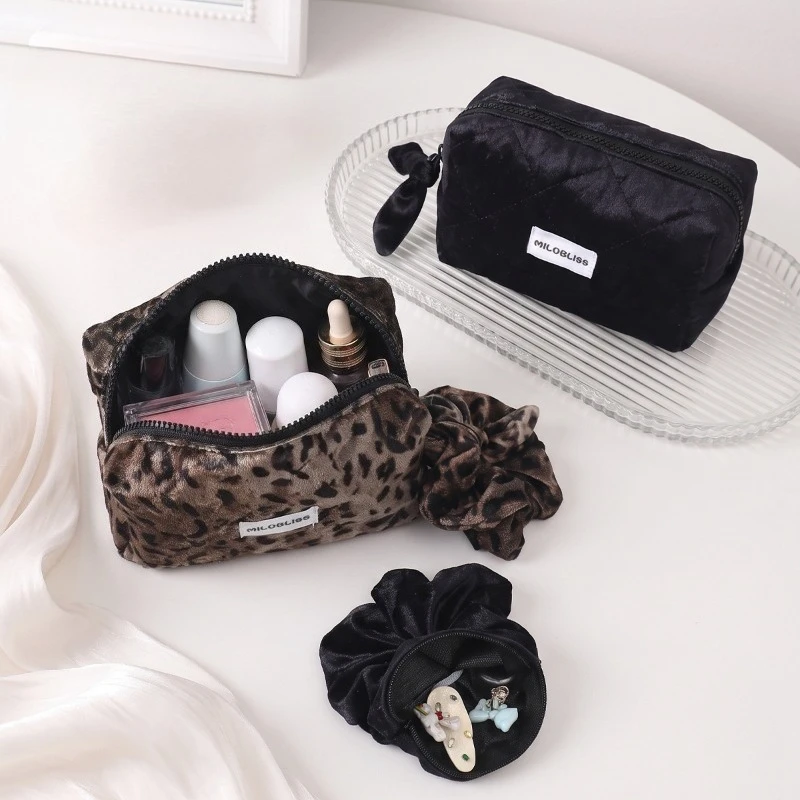 Leopard Print Velvet Makeup Bag Sweet Cool Style Multi functional Cosmetic Storage Pouch Travel Toiletry Bag Handbag for Women