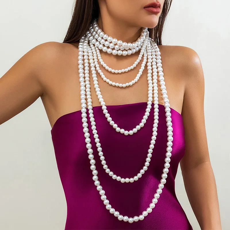 Vintage Multilayer Waterfall Shaped ZAA Imitation Pearl Necklace for Women Fashion White Pearls Chain Choker Necklace Jewelry