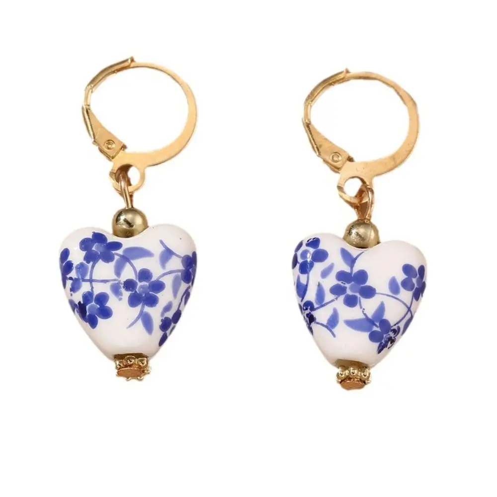 Ceramics Pearl Dangle Earring Handmade Bohemia Earrings Blue and White Porcelain Earrings Alloy