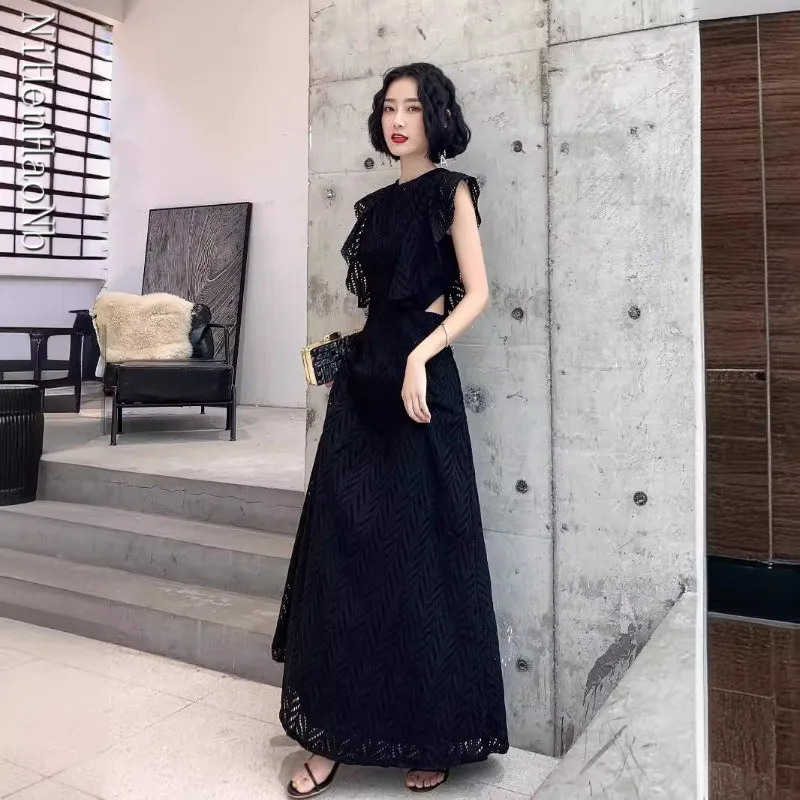 エレガントなレーススプライシング刺繍イブニングドレス女性のノースリーブ中空ソリッドロングウェディングパーティードレス