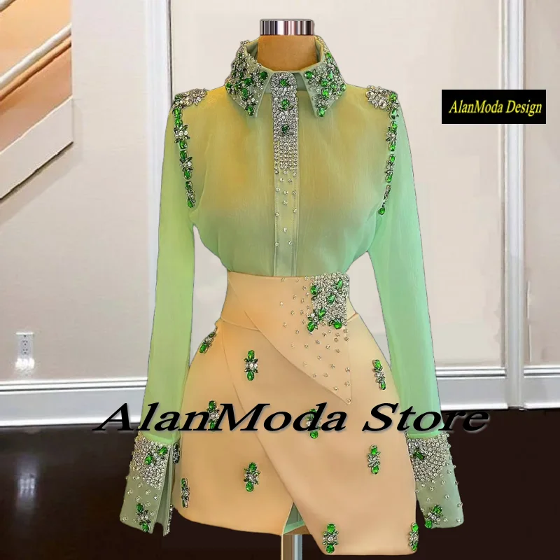 Lime Green Cocktail Dresses Long Sleeves Short Party Gowns Birthday Outfits Chiffon Beaded Mini Homecoming Dresses Haute Couture