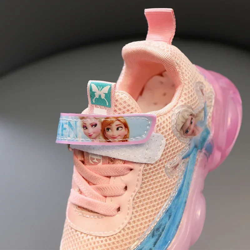 Disney LED Casual Sneakers For Summer Girls Frozen Elsa Princess Print Mesh Breathable Shoes Children Lighted Non-slip Shoes