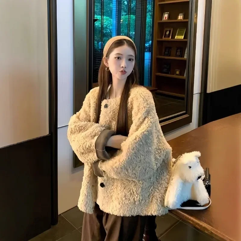 

Gentle Wind Warm Lamb Wool Jacket Women's Winter Korean Lazy Wind Loose Casual Black Plush Top