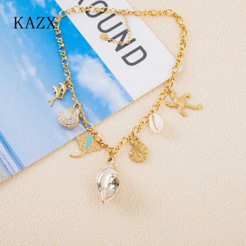 KAZX Boho Summer Ocean Pendant Chain Stainless Steel Mixed Finish Seashell & Sea Life Non Fade Beach Party Jewelry