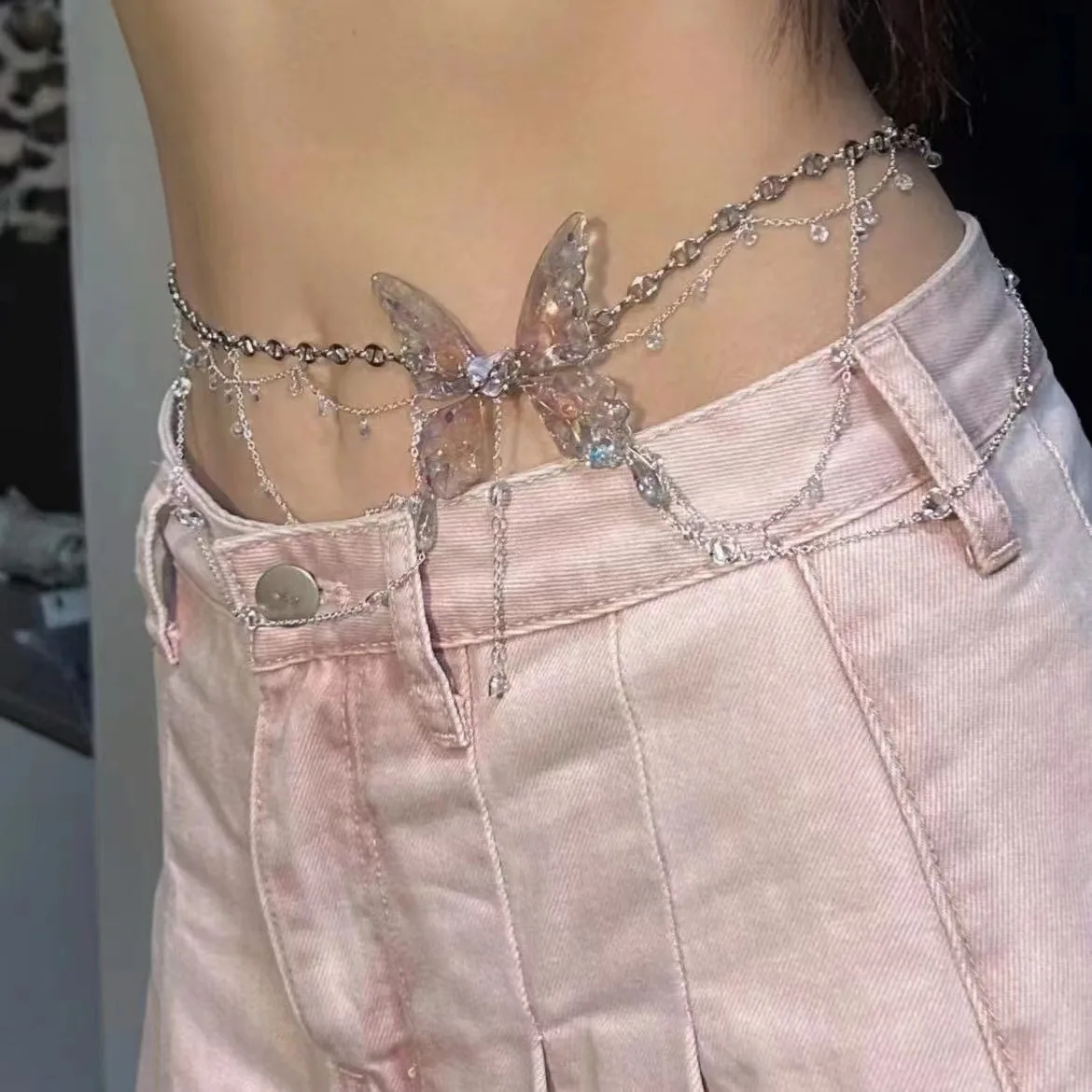Europejski i amerykański różowe światło i cienki w kształcie motyla frędzel łańcuszek wysoką wartość estetyczną seksowny jednowarstwowy łańcuszek w talii