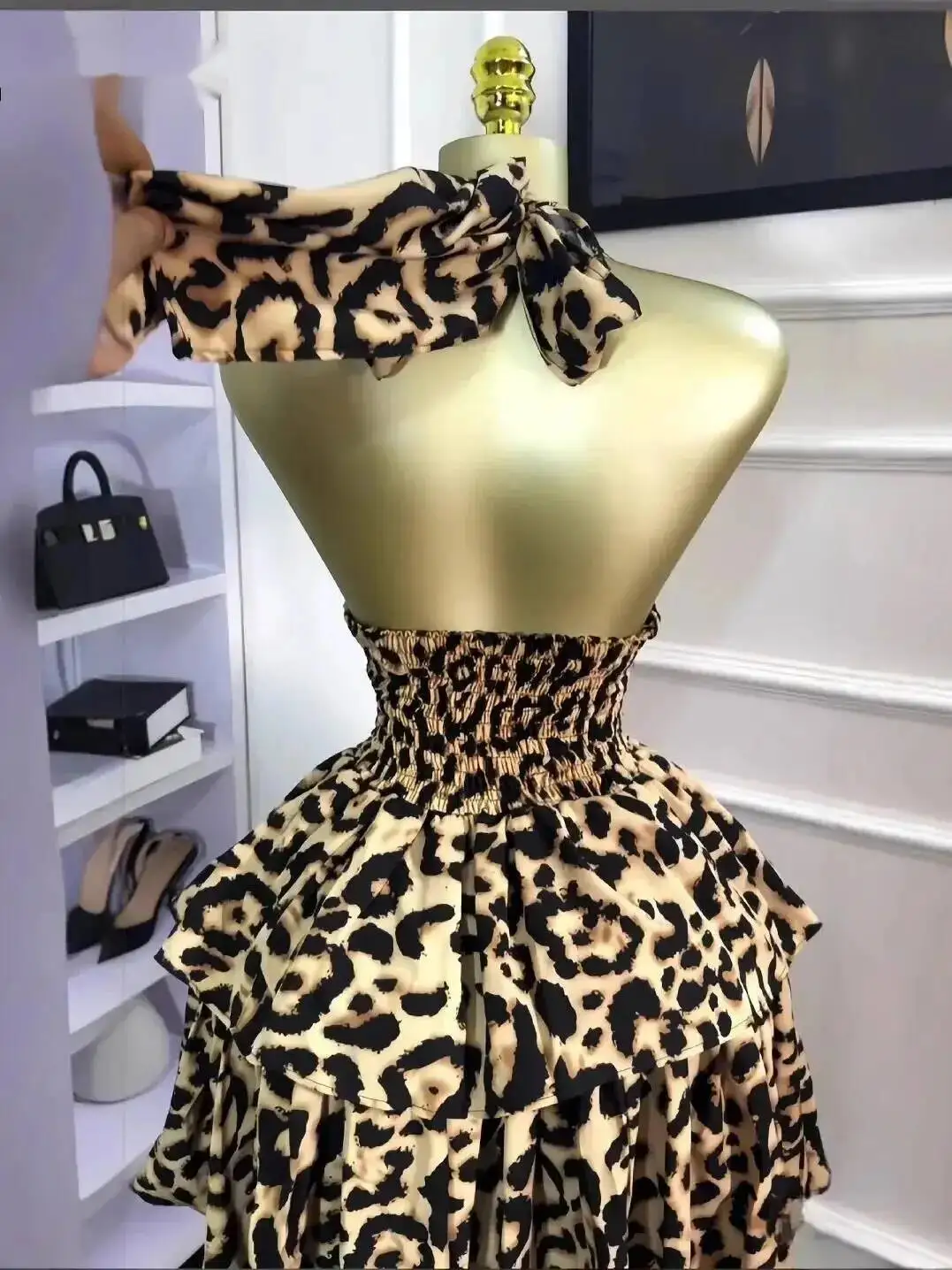 Women Leopard Print Halter Neck Backless Cascading Ruffles Big Swing Ball Gown Mini Dress 2025 Sexy Club Party Dresses 98J4