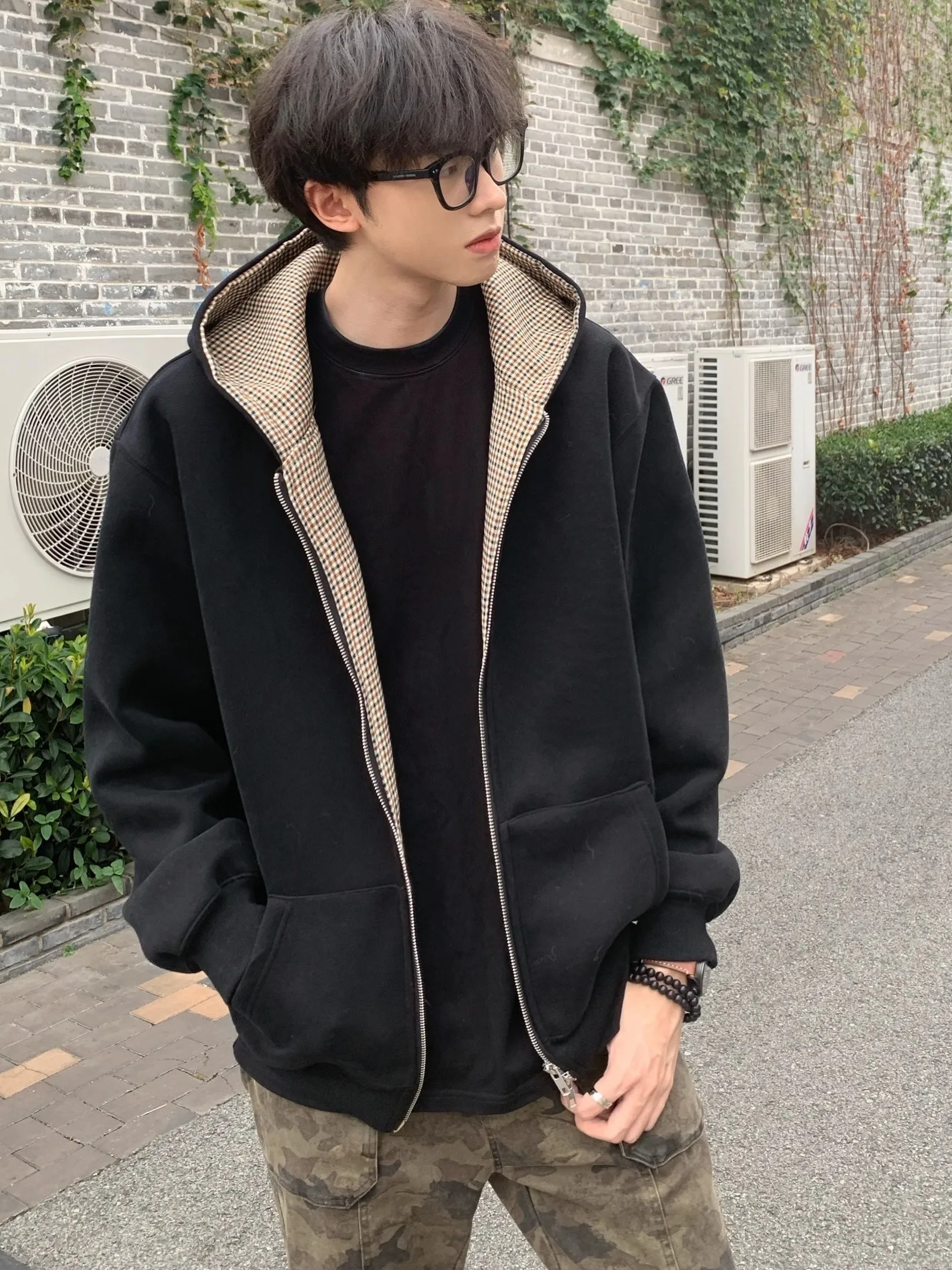 

Double Zipper Heavyweight 600g Plaid Color Blo Hooded Double Sided Wear Bla Jaet Men Loose Versatile Sweatirt Cardigan