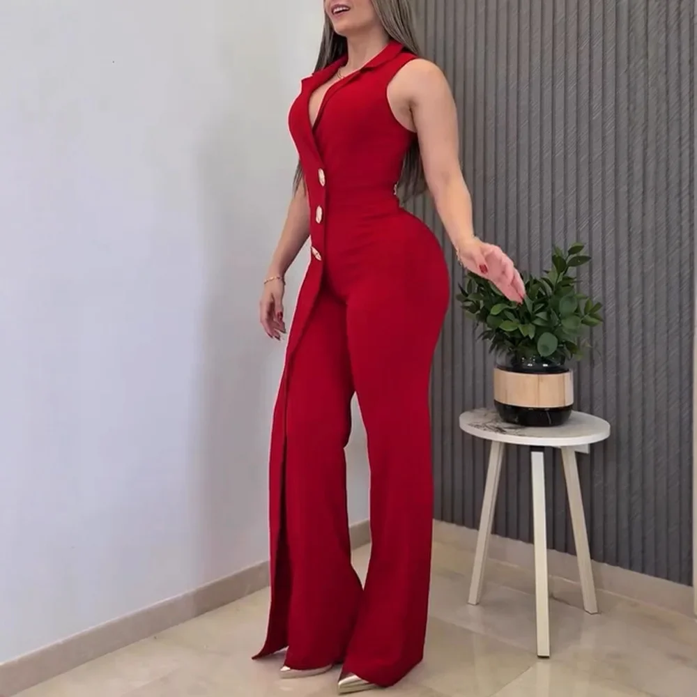 Decorazione con bottoni Colletto dentellato sovrapposto con scollo a V senza maniche Avvolgente sul davanti Tuta casual con cerniera posteriore Tuta da donna Pantaloni generali