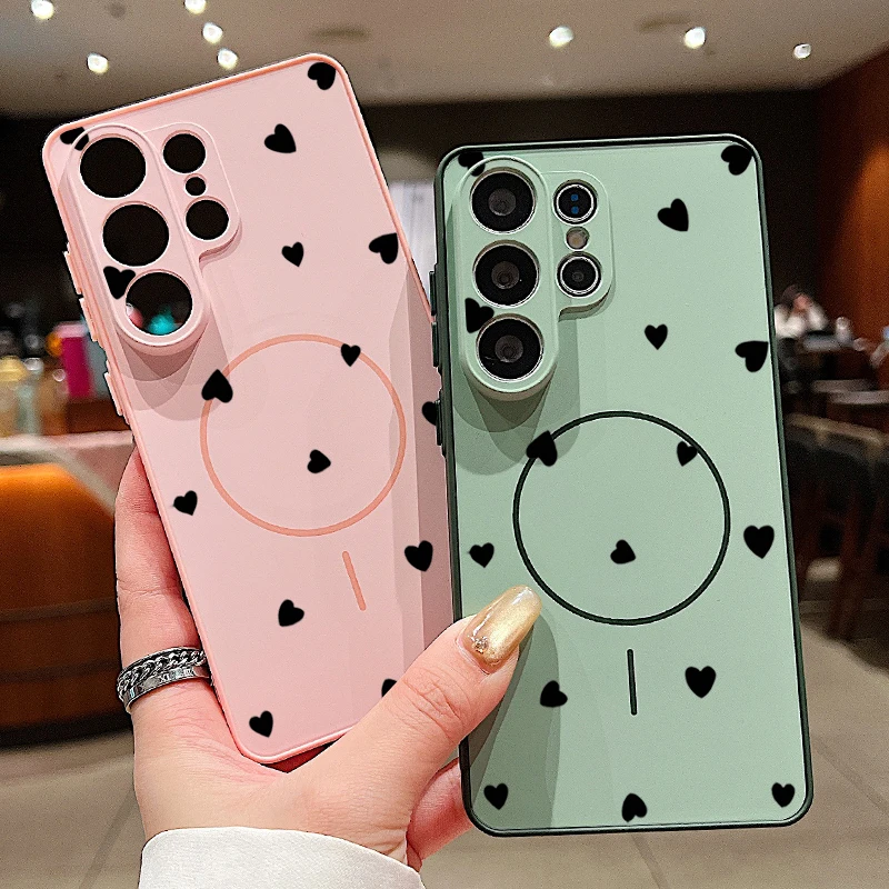 Black Tiny Hearts Magnetic Case For Samsung Galaxy S25 S26 Ultra Edge S24 S23 FE A17 A56 A37 A16 A55 A15 A36 A35 5G Phone Cover