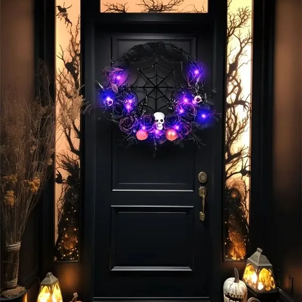 1pc, Prelit Halloween Skull Wreath For Front Door Decor, 20 LED Purple Lights Battery Operated Skeleton view 6