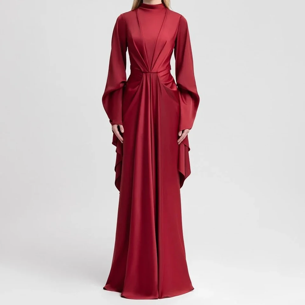 

Customized Mermaid Evening Dresses Floor-length High-neck Full Sleeve Prom Gown Fsahion Pelat Simple Draped Casual Party Gown