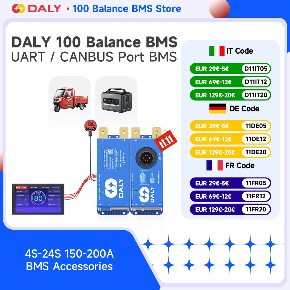 

Smart DALY 100 Balance BMS 150A 200A Active Balance 1A 4S12V 8S24V 16S48V RS485 WIFI Build in Bluetooth for Lifepo4 Li-ion LTO