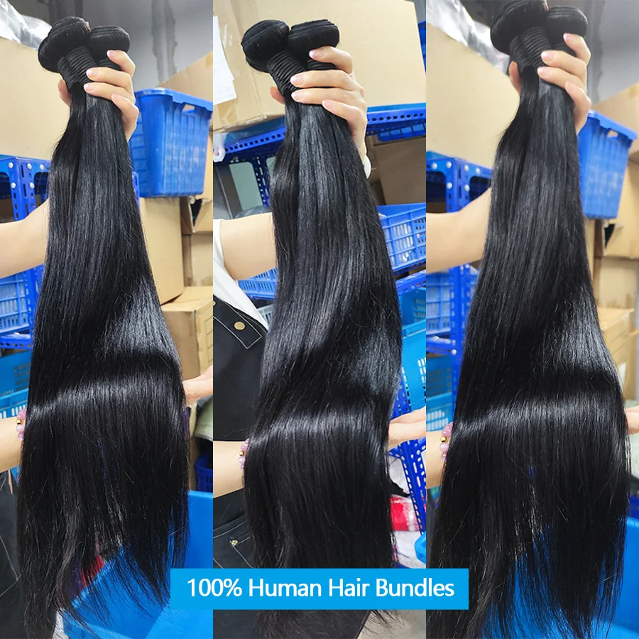 YOCYTU Human Hair Bundles With 2x6 Closure 26 26 26 Inch Straight Human Hair Bundles 12A Brazilian Weave Human Hair Bundles Raw Hair 100% Human Hair